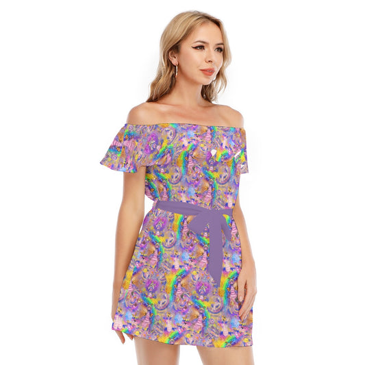 Figment Watercolor Rainbow - Women's Off-shoulder Ruffle Dress