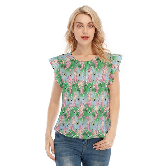 Sketched Shy Friend and Butterflies - Women’s Flutter Sleeve Top