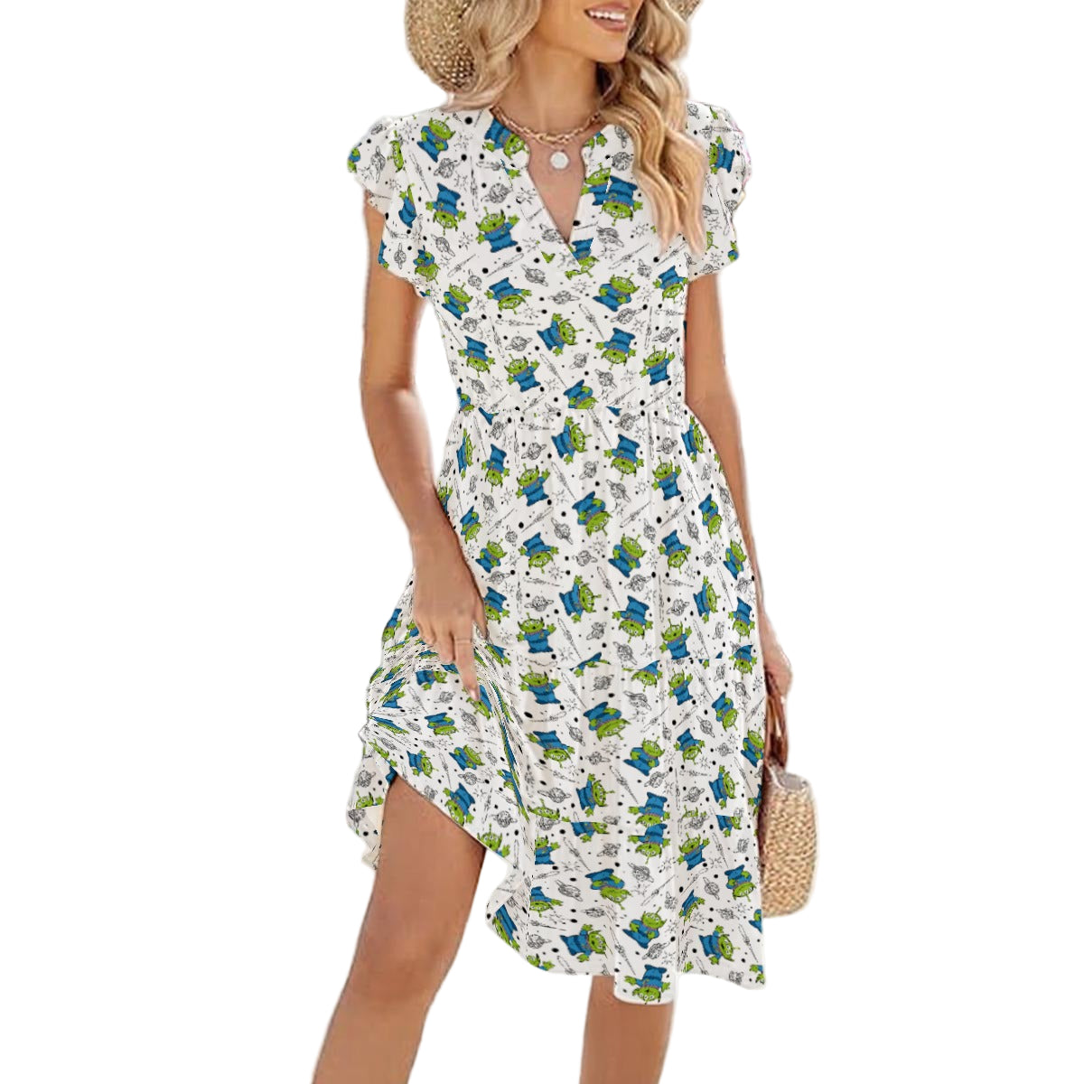 Playful Green Aliens on White - Women's Tiered Pocket Midi Dress