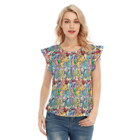 Monster Mayhem Sketched - Women’s Flutter Sleeve Top