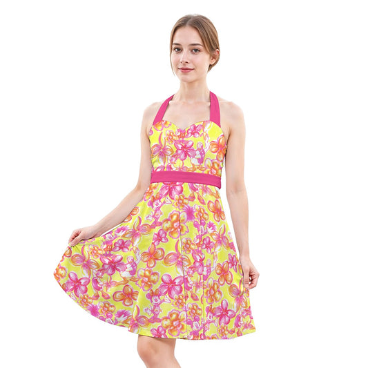 Neon Tropical Floral Friendsends - Women's Halter Vintage Pocket Dress