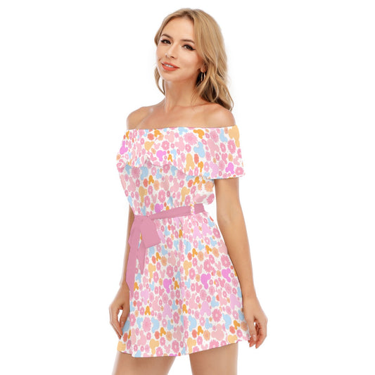 Retro Floral Mouse - Women's Off-shoulder Ruffle Dress