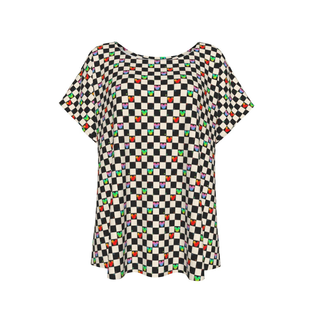 Rainbow Checker Mouse Ears - Women’s Relaxed Fit Scoop Tee