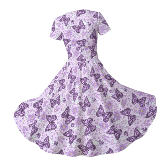 Lavender Butterflies - Women's V-Neck Ruched Midi Dress