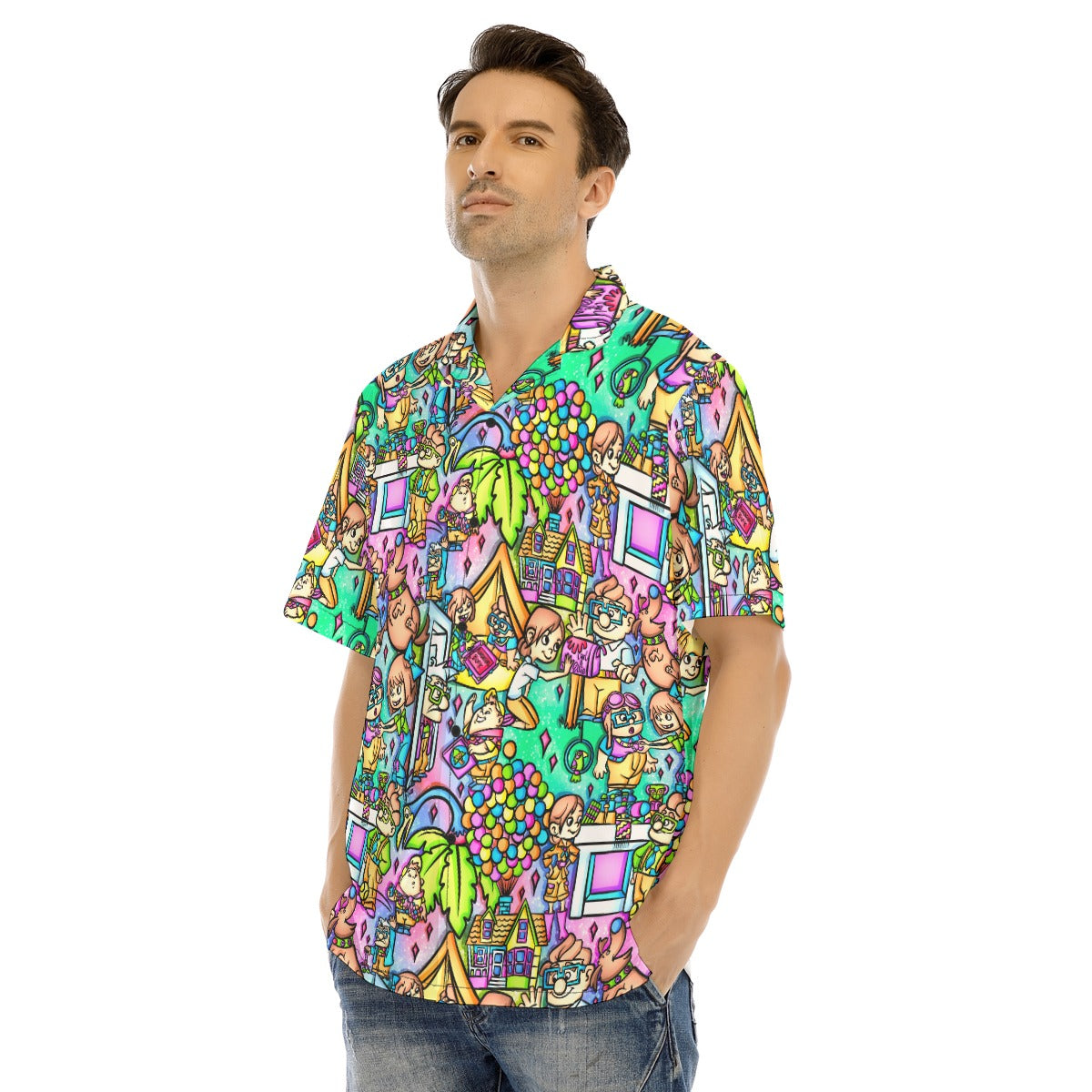 Balloon House Adventure Scenes - Men's Hawaiian Button Up Shirt