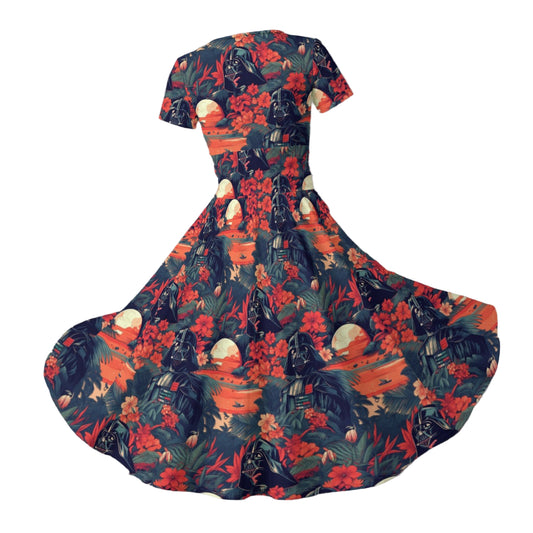 Tropical Dark Side Escape - Women's V-Neck Ruched Midi Dress