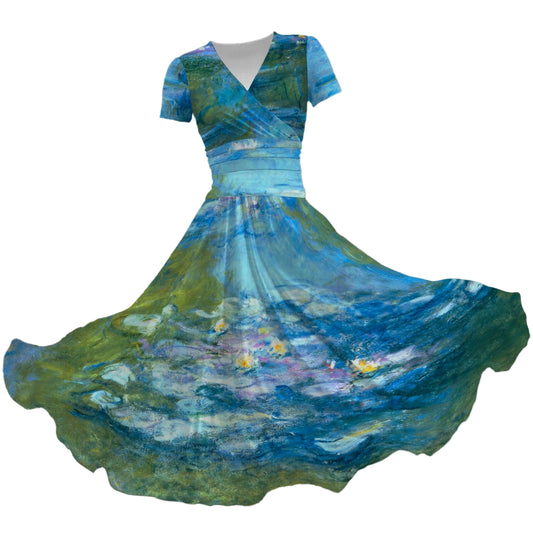 Monet Water Lillies - Women's V-Neck Ruched Midi Dress