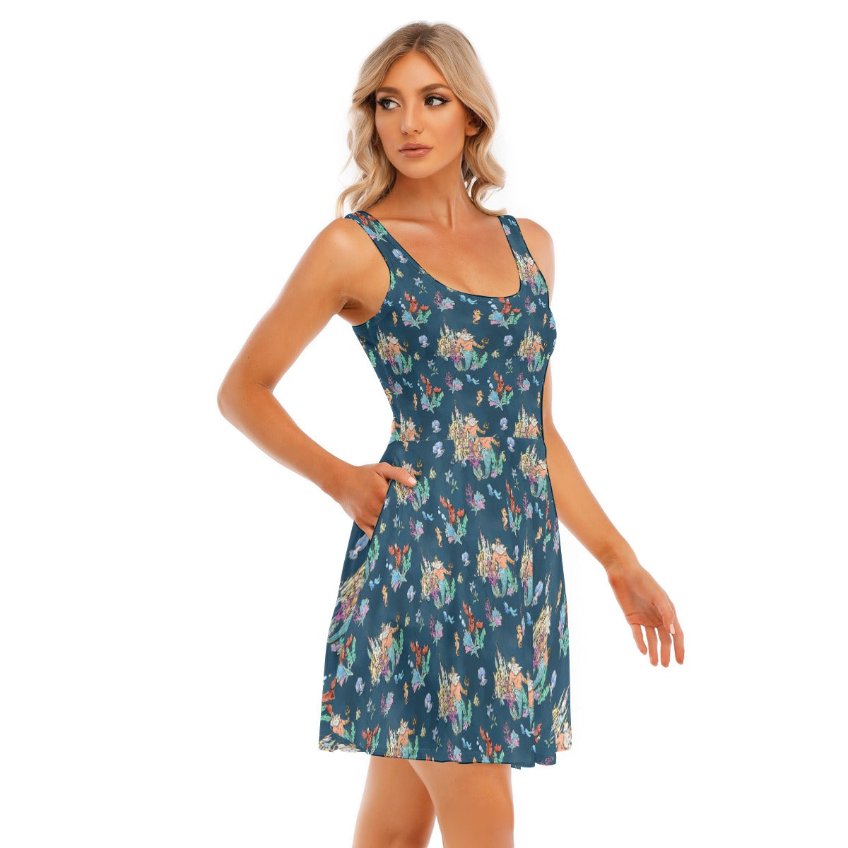 Whimsical Sea King and Crab - Women's Sleeveless Pocket Skater Dress