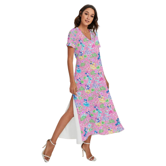 Princess Palm Party - Women's V-Neck Side Split Maxi Dress