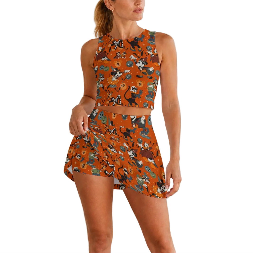 Vintage Halloween Parade - Women’s Athletic Skort Set with Open-Back Crop Top