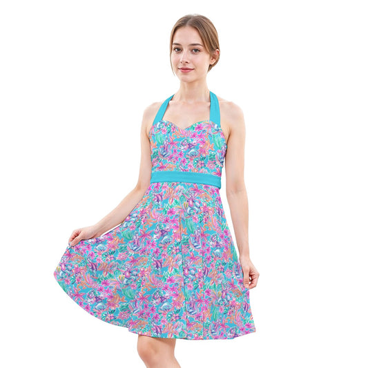 Tropical Bloom Fiesta - Playful Duoluto - Women's Halter Vintage Pocket Dress