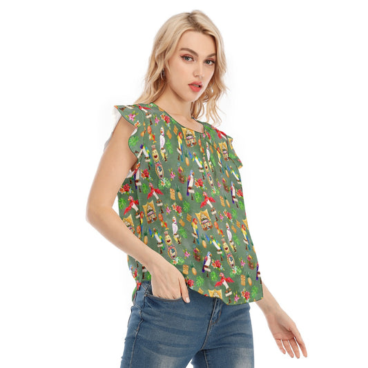 Orange Bird & Tiki Friends - Women’s Flutter Sleeve Top