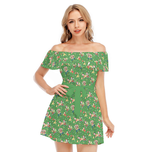 Mouse & Friends Christmas Cheer - Women's Off-shoulder Ruffle Dress