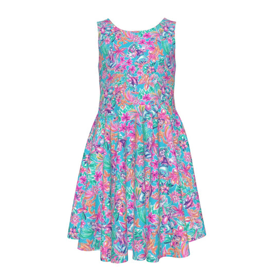Bright Tropical Bloom - Goofy & Pluto - Kid's Sleeveless Skater Dress