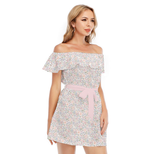 Springtime Kitten Garden Elegance - Women's Off-shoulder Ruffle Dress