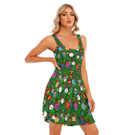 Festive Character Baubles on Green - Women's Sleeveless Pocket Skater Dress