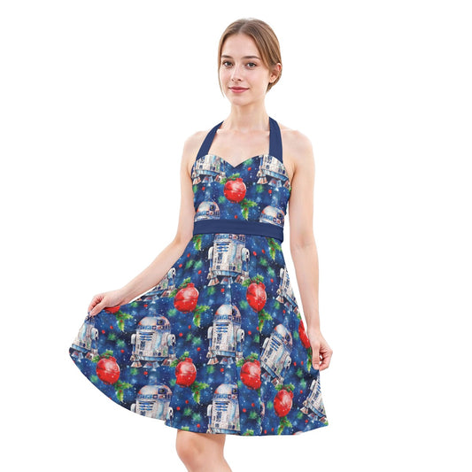 Little Blue Christmas Droid - Women's Halter Vintage Pocket Dress