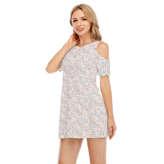 Springtime Kitten Garden Elegance - Women's Cold Shoulder Cotton Dress