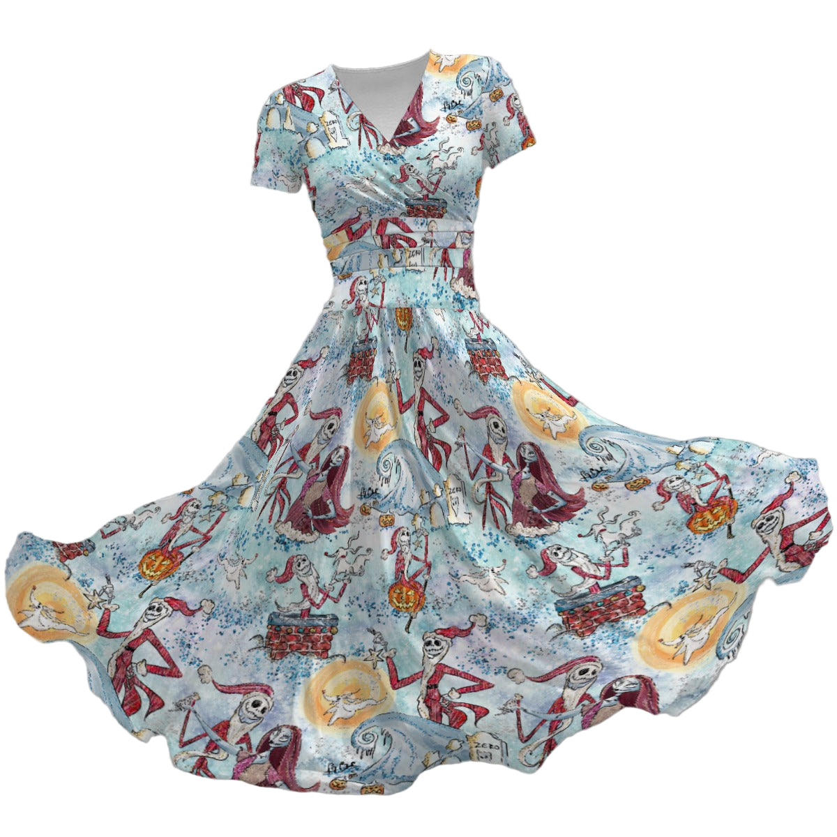 Santa Jack with Sally & Ghost Dog - Women's V-Neck Ruched Midi Dress