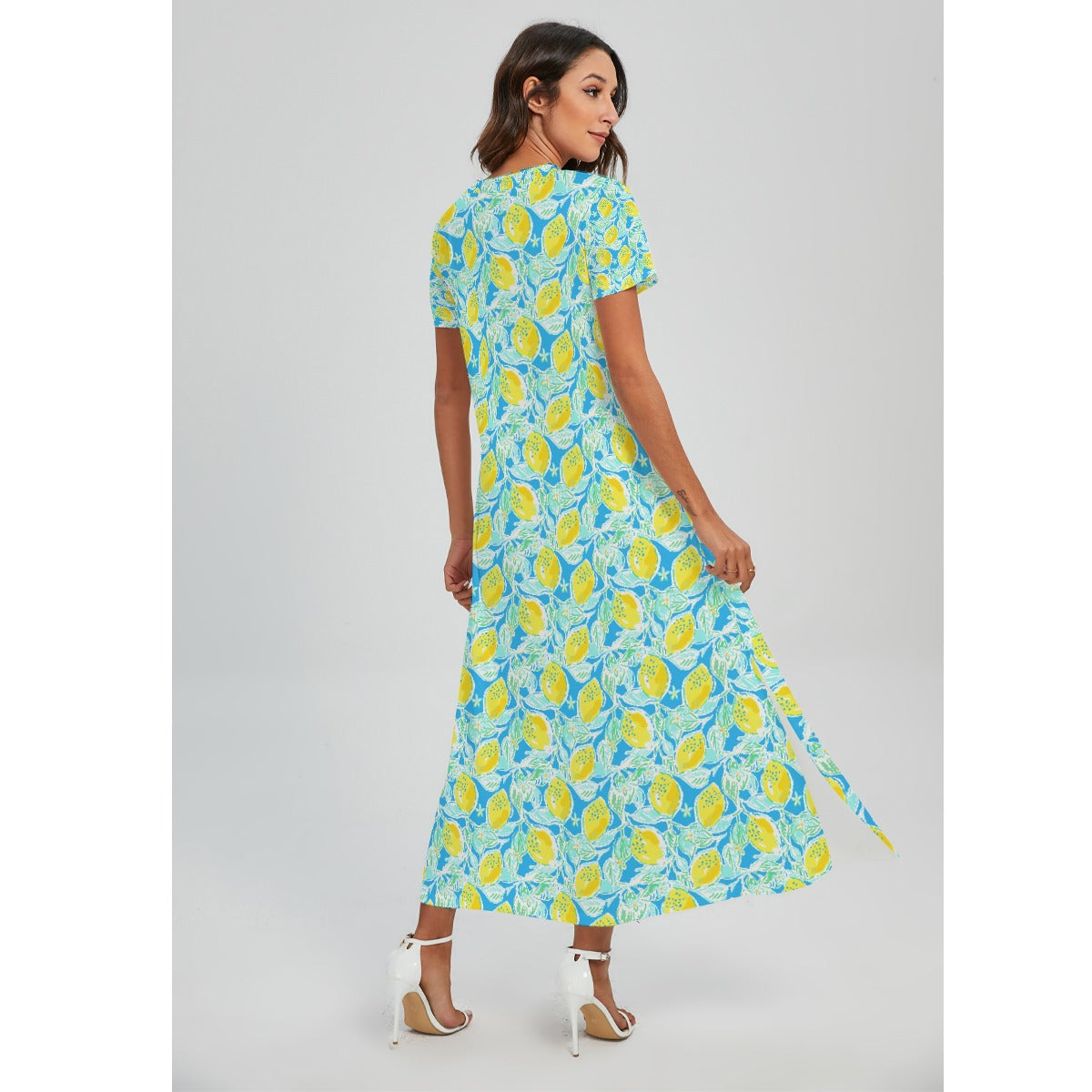 Lemon Drop Daydream - Women's V-Neck Side Split Maxi Dress