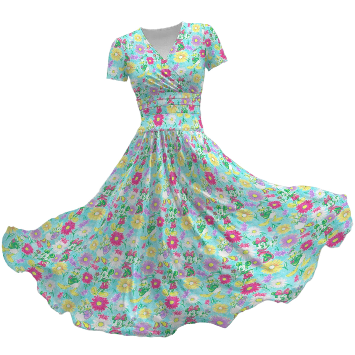 Neon Spring Floral Friends - Women's V-Neck Ruched Midi Dress