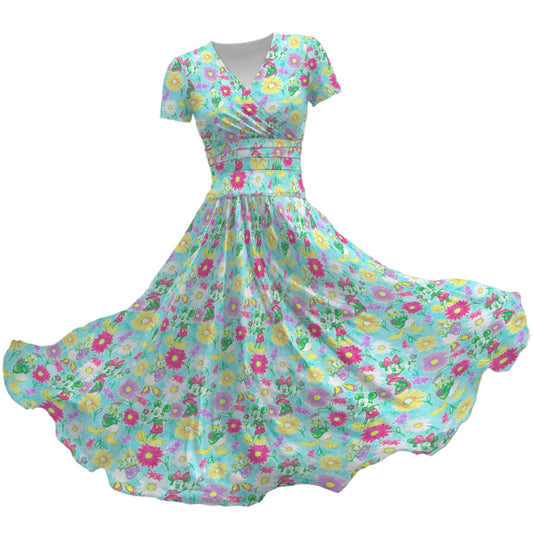 Neon Spring Floral Friends - Women's V-Neck Ruched Midi Dress