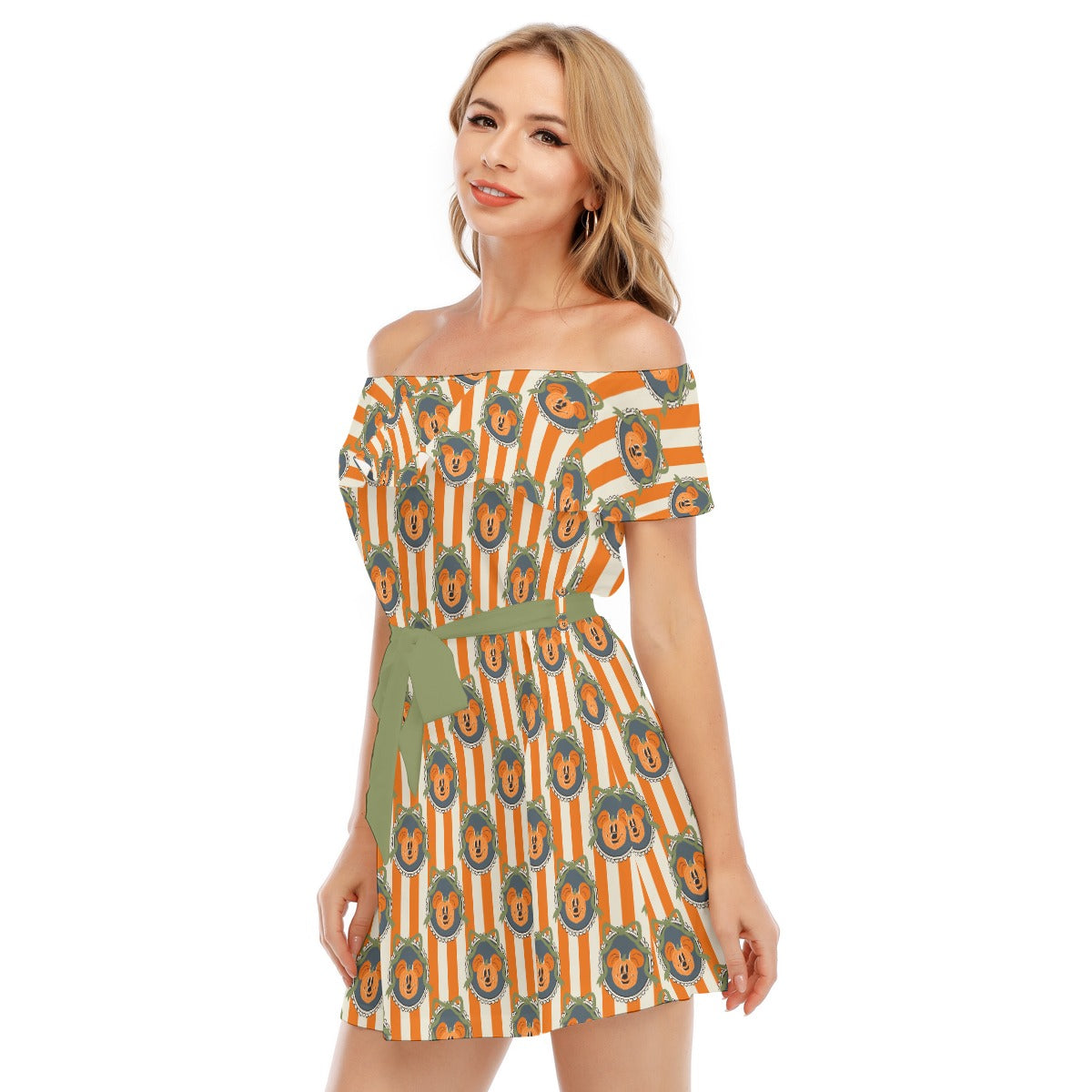 Pumpkin Cameo Stripes - Women's Off-shoulder Ruffle Dress