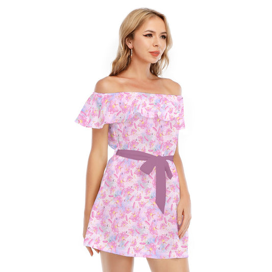 Pink Crystal Lunar Moths - Women's Off-shoulder Ruffle Dress