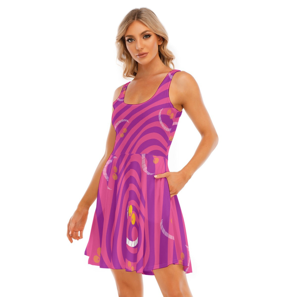 Whimsical Grinning Stripes - Women's Sleeveless Pocket Skater Dress