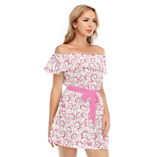 Sweet Kitten with Pink Bow - Women's Off-shoulder Ruffle Dress