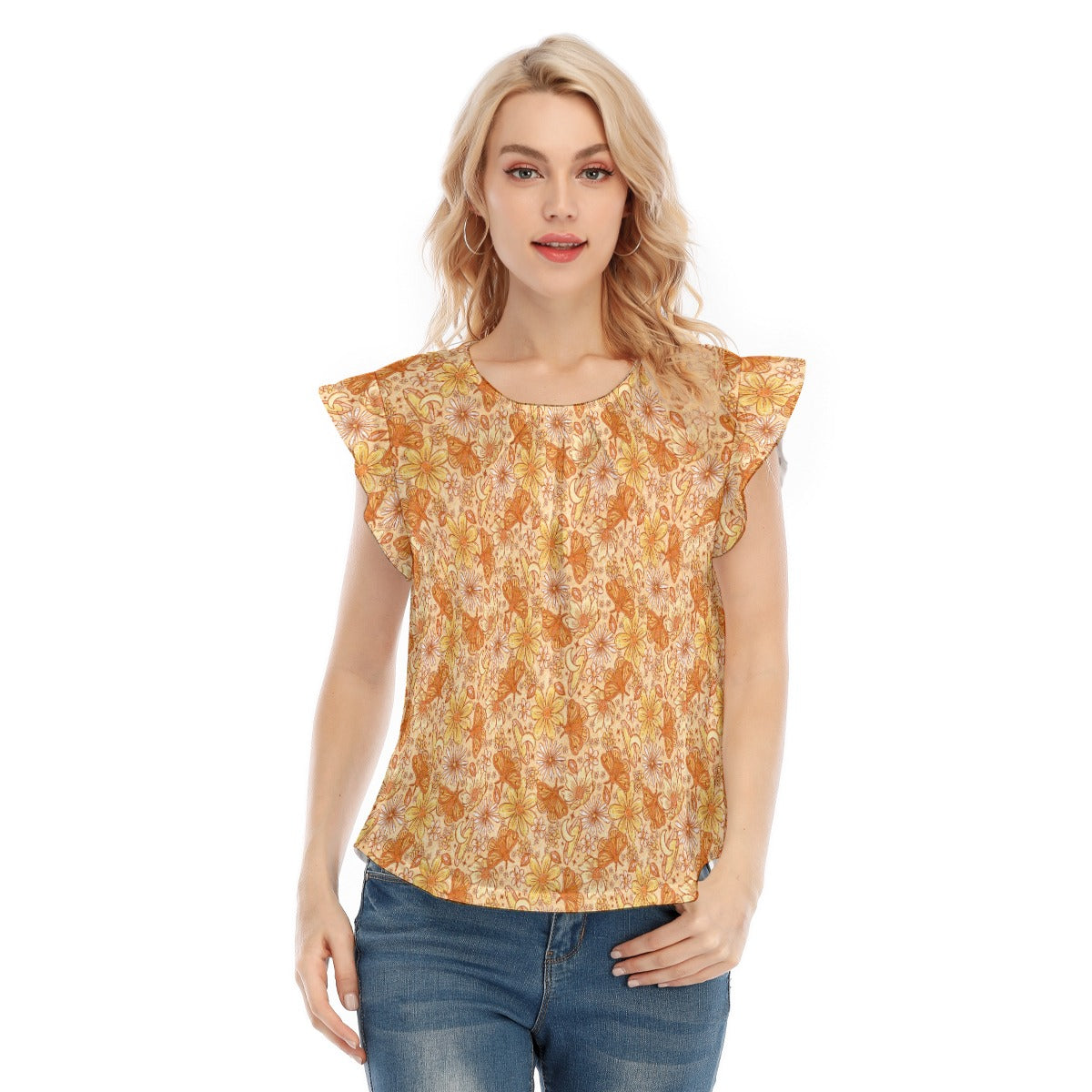 Orange Crystal Moths - Women’s Flutter Sleeve Top