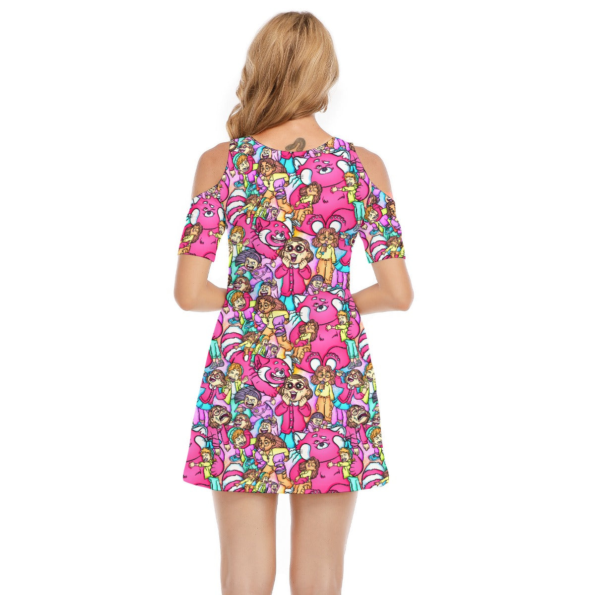 Red Panda Chaos Scenes - Women's Cold Shoulder Cotton Dress