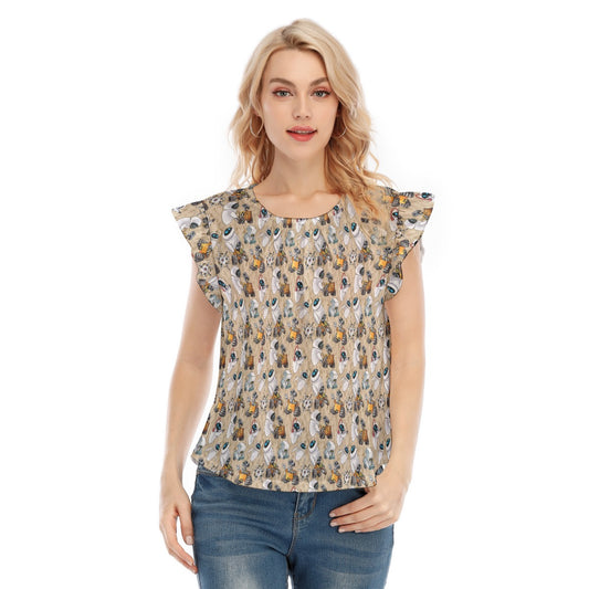 Robot Romance Sketched - Women’s Flutter Sleeve Top