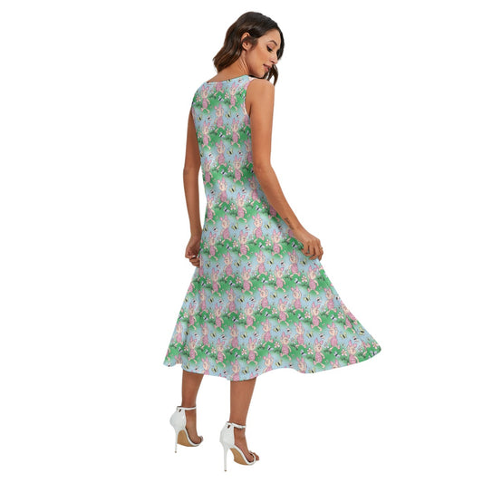 Sketched Shy Friend and Butterflies - Women’s Diagonal Pocket Midi Dress