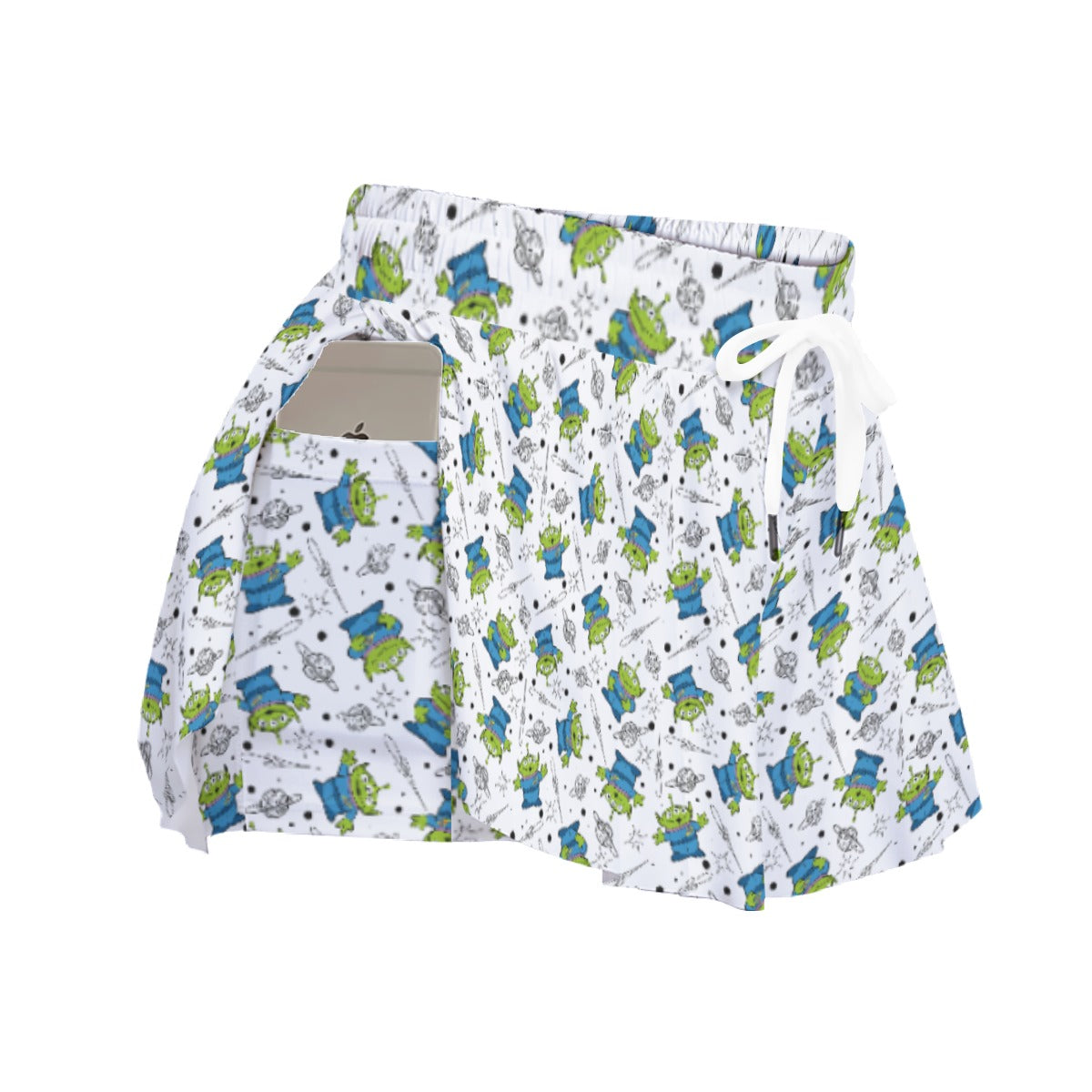 Playful Green Aliens on White - Women's Flowy Pocket Shorts