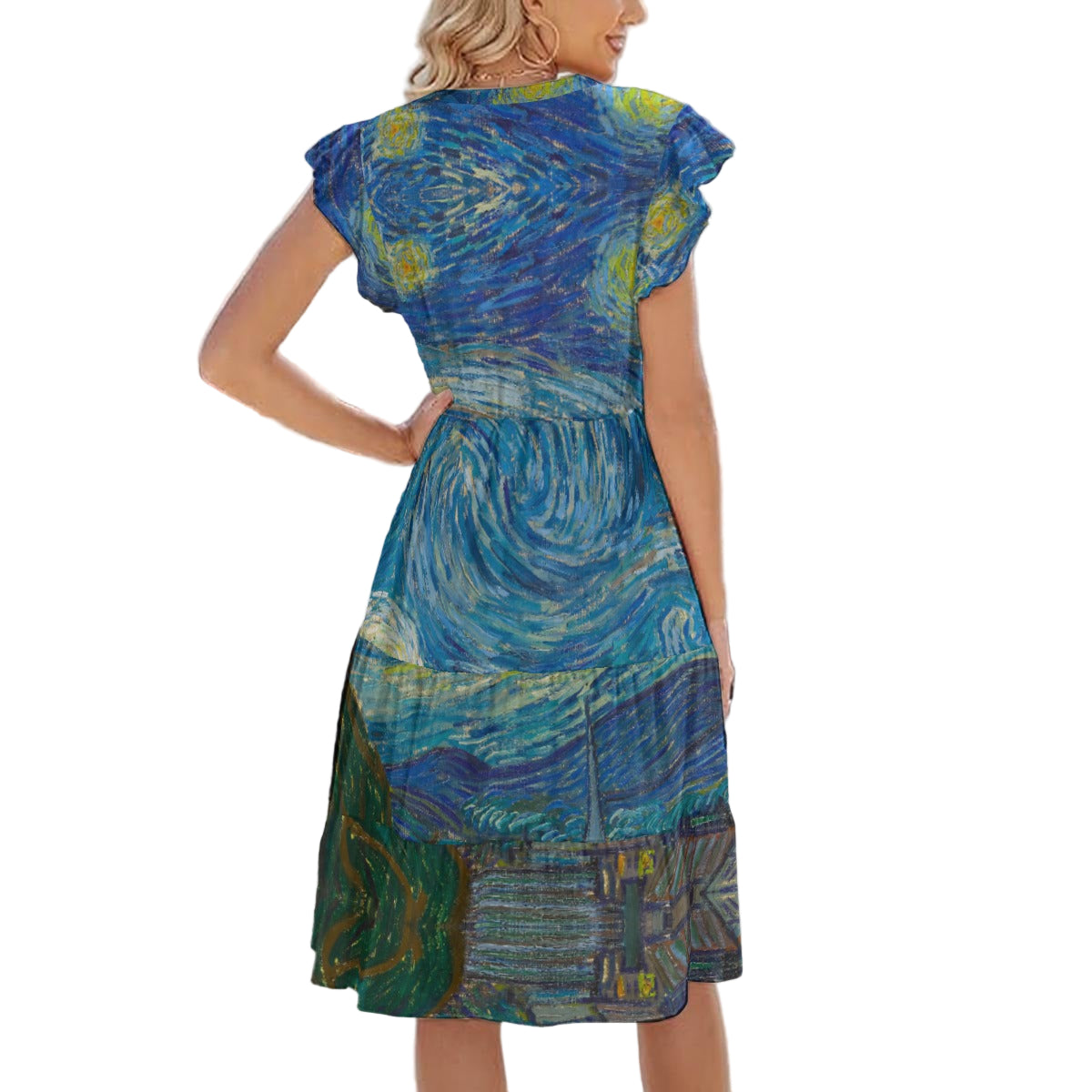 Van Gogh Starry Night - Women's Tiered Pocket Midi Dress