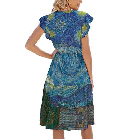 Van Gogh Starry Night - Women's Tiered Pocket Midi Dress
