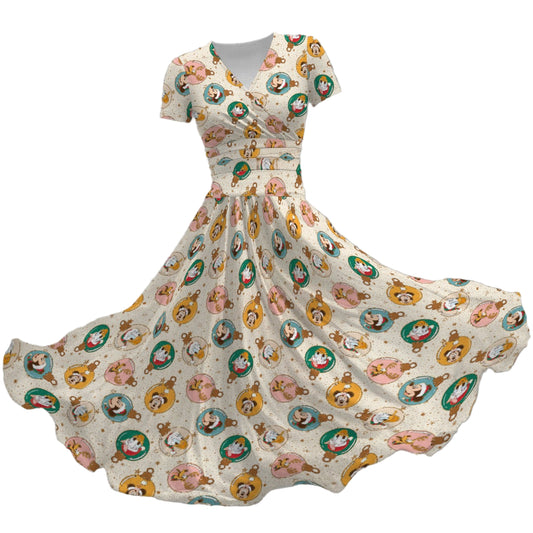 Golden Holiday Baubles - Women's V-Neck Ruched Midi Dress