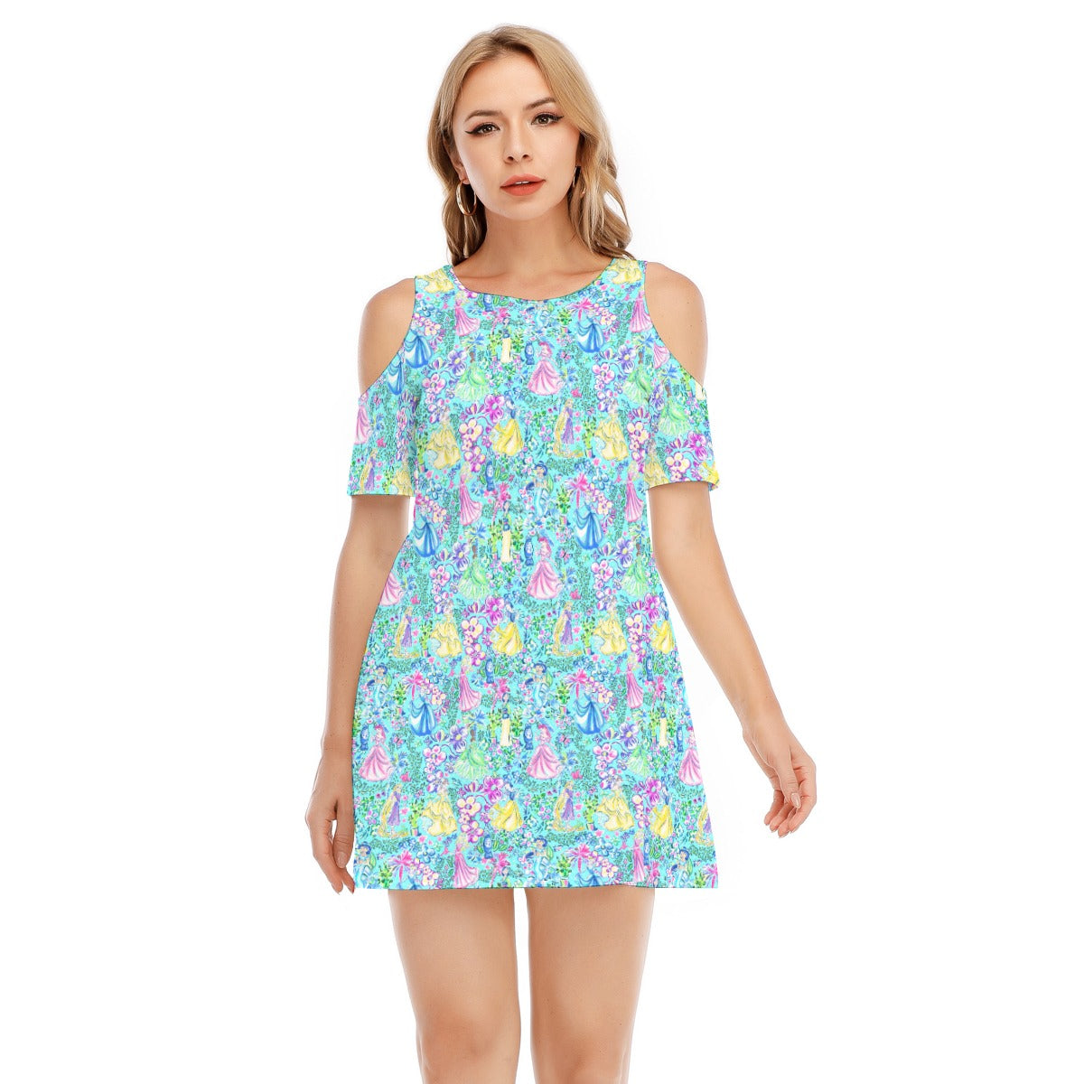 Bright Tropical Princess - Royal Garden Mashup - Women's Cold Shoulder Cotton Dress