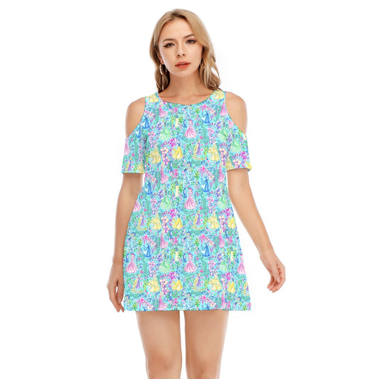 Bright Tropical Princess - Royal Garden Mashup - Women's Cold Shoulder Cotton Dress