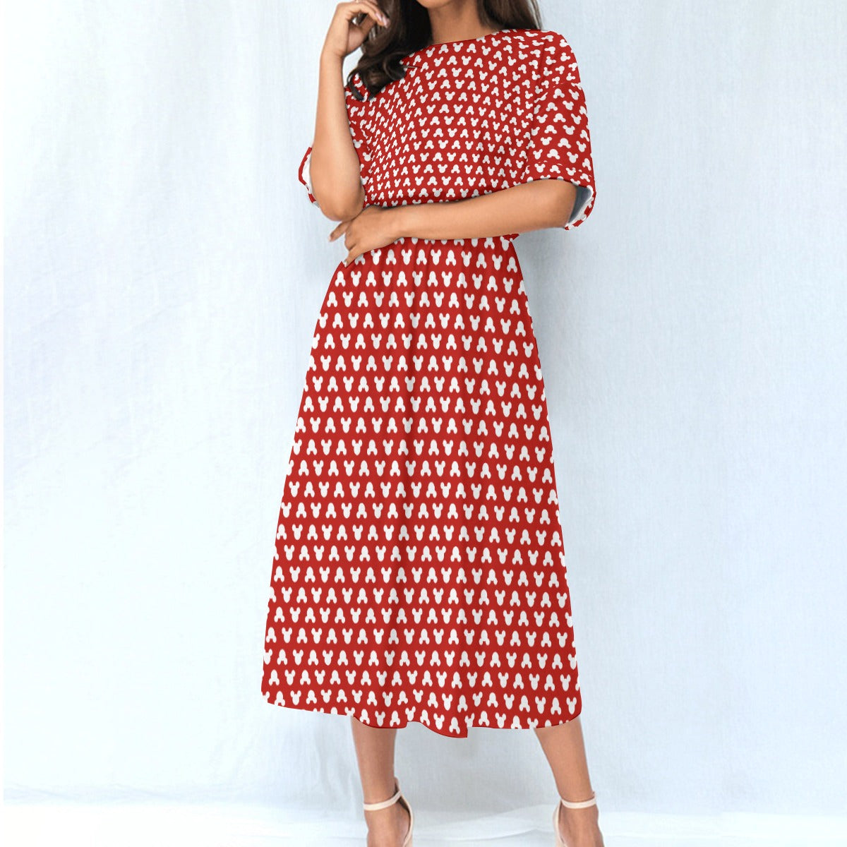 Playful Polka Dot Ears Red - Women’s Elastic Waist Pocket Midi Dress