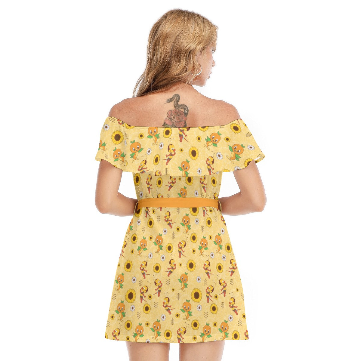 Cheerful Bee & Citrus Bird - Women's Off-shoulder Ruffle Dress