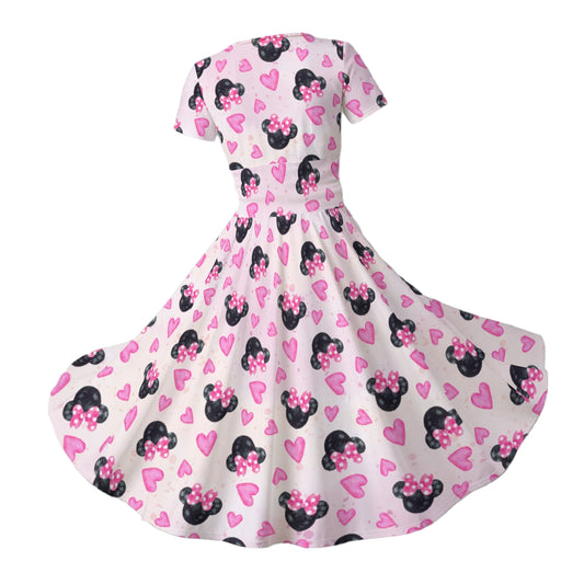 Watercolor Pink Bow Mouse Ears - Women's V-Neck Ruched Midi Dress