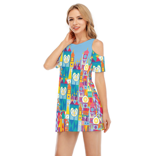 Whimsical World Facade - Women's Cold Shoulder Cotton Dress