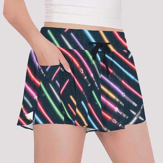Vibrant Galaxy Sabers - Girls’ Flowy Pocket Shorts