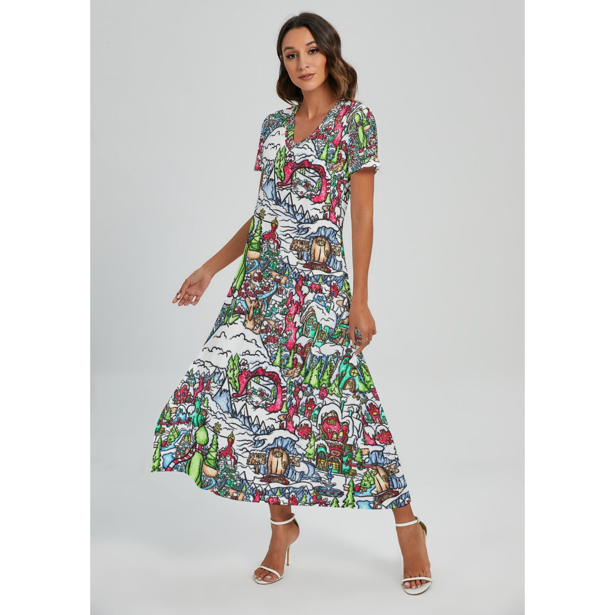 Whimsical Village Winter Wonderland - Women's V-Neck Side Split Maxi Dress