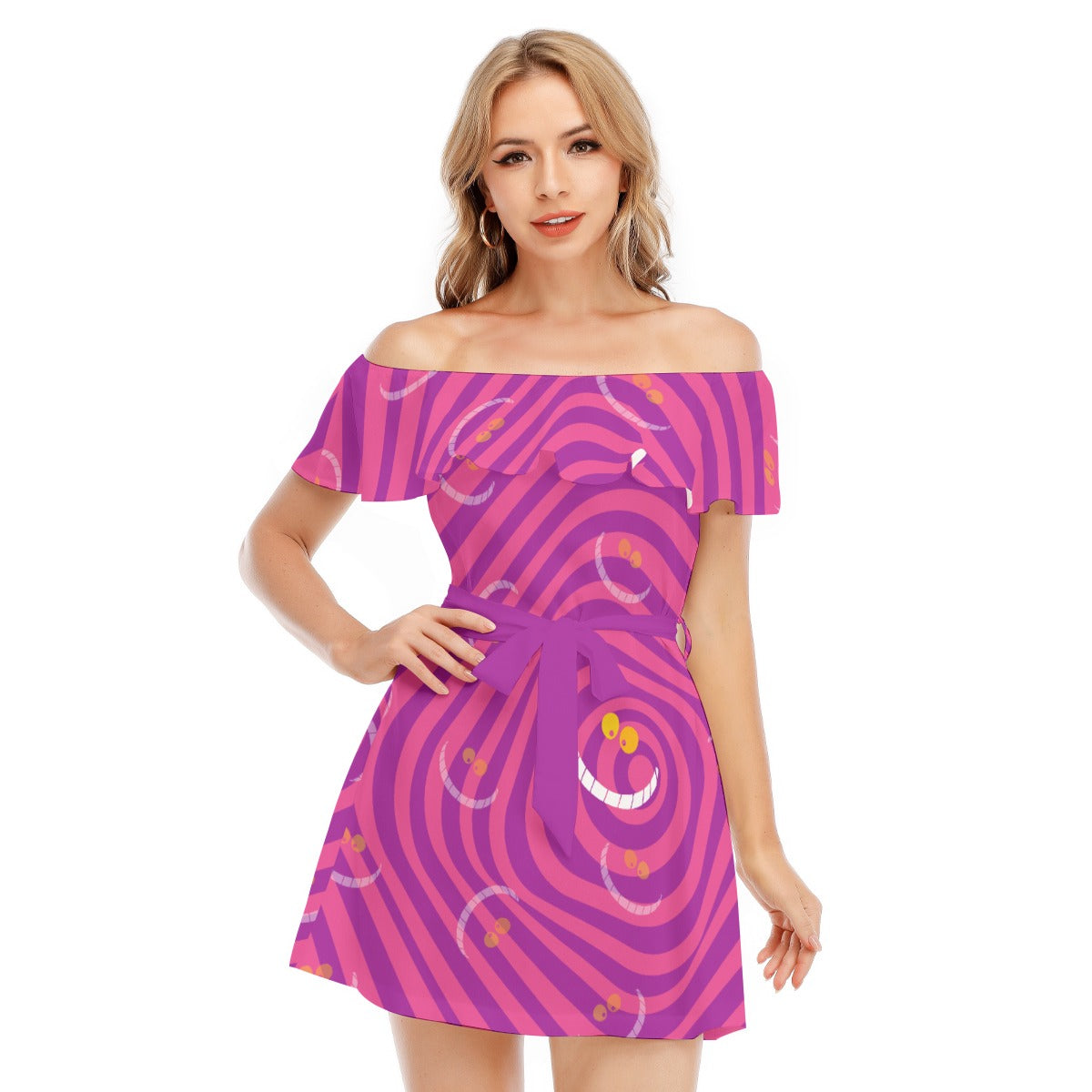 Whimsical Grinning Stripes - Women's Off-shoulder Ruffle Dress