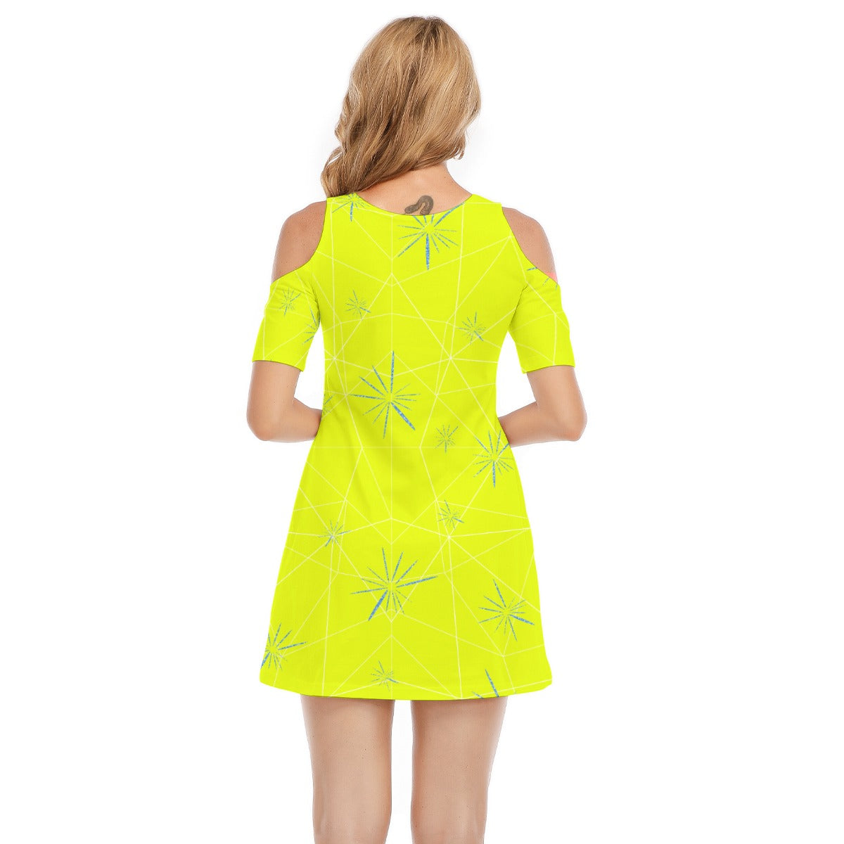 Joyful Blue & Yellow Florals - Women's Cold Shoulder Cotton Dress