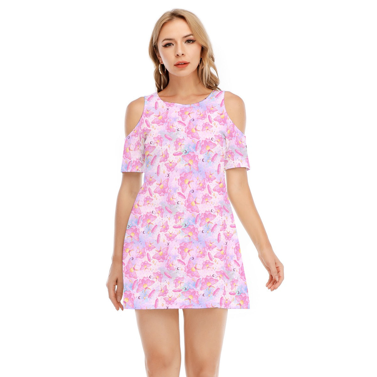 Pink Crystal Lunar Moths - Women's Cold Shoulder Cotton Dress