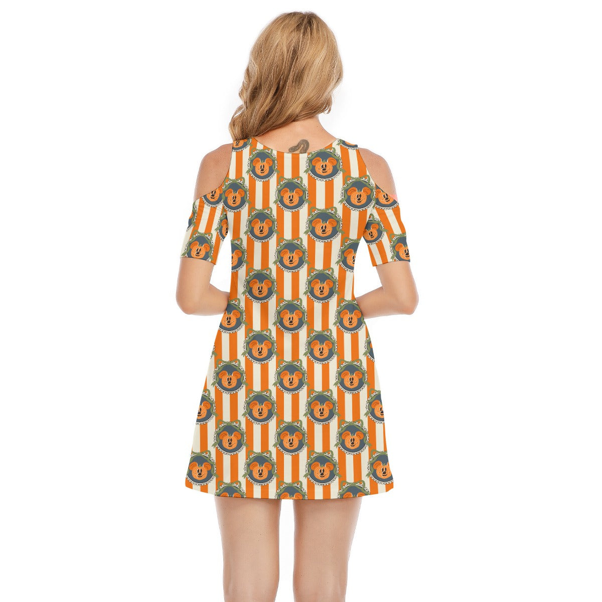 Pumpkin Cameo Stripes - Women's Cold Shoulder Cotton Dress